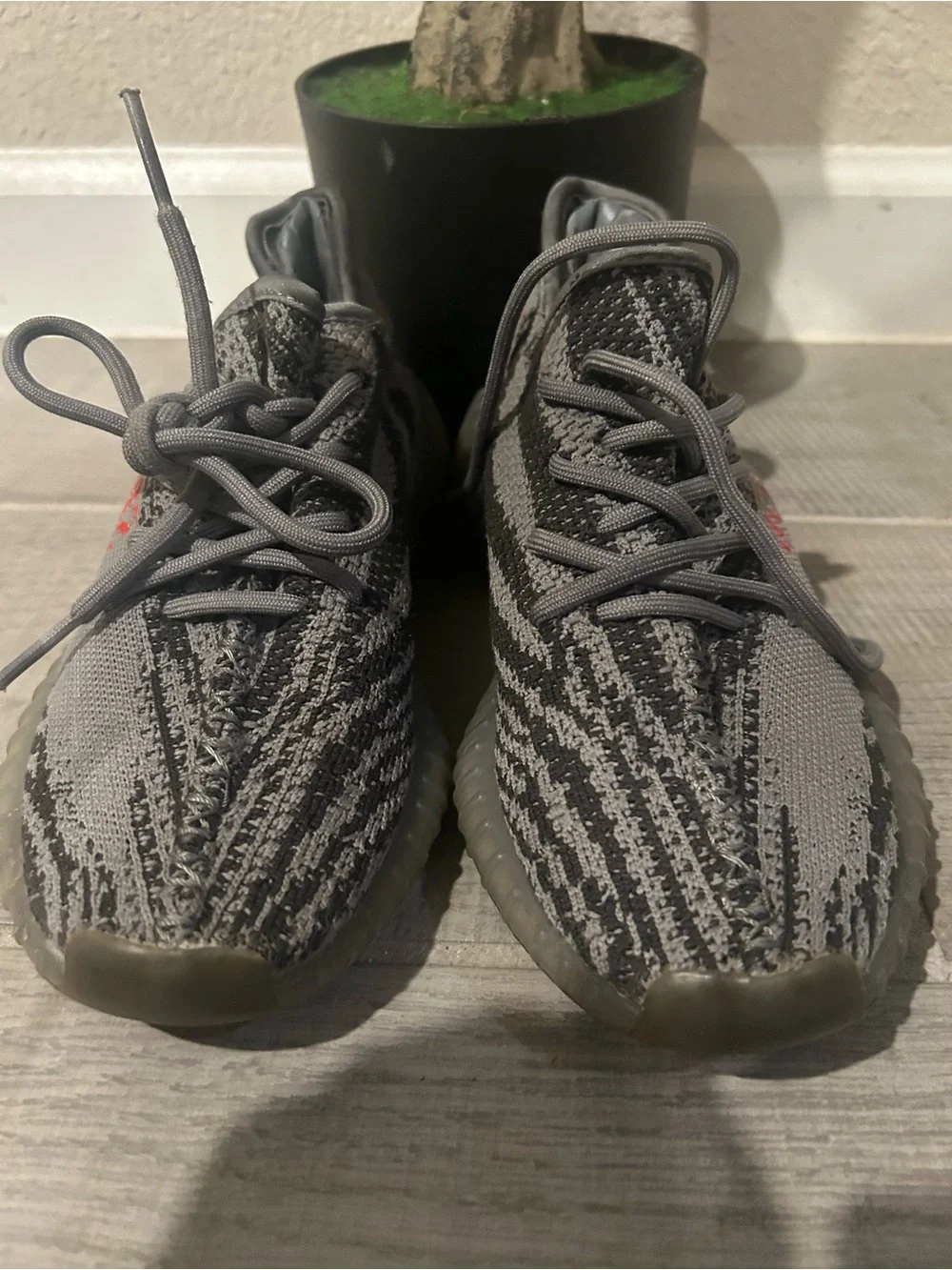 Yeezy Kids Grey Knit Sneakers with Subtle Red Accent